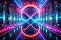Neon infinity tunnel with mirrored floor in a futuristic server room Royalty Free Stock Photo