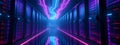 Neon-Infused Data Center Corridor: Future Tech Aesthetic Royalty Free Stock Photo