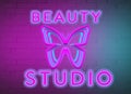 neon inscription beauty salon and butterfly on the background of a brick wall