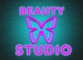 neon inscription beauty salon and butterfly on the background of a brick wall