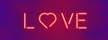 Neon inscription `love` on gradient background.