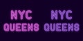 Neon inscription of New York city, Queens borough. Vector illustration, neon Text of NYC Queens with glowing backlight, purple and