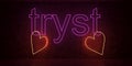 Neon inscription tryst on a dark background with hearts 3d visualization