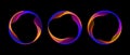 Neon iridescent blend circle line set. Shimmering glowing round tech frame collection. Curved wavy circles on black