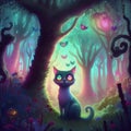 Neon psychedelic cat in enchanted forest. Generative AI. Not based on any actual scene or pattern