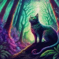 Neon psychedelic cat in enchanted forest. Generative AI. Not based on any actual scene or pattern