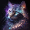 Neon iridescent psychedelic cat made of sparkles and light. AI