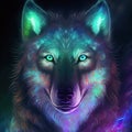 Neon iridescent psychedelic wolf. Generative AI. Not based on any actual scene or pattern