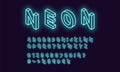 Neon isometric alphabet, Azure color. Neon Font