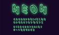Neon isometric alphabet, Green color. Neon Font Royalty Free Stock Photo
