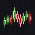 Neon japanese candlestick chart isolated on dark background. Stock exchange market concept. Financial infographics.