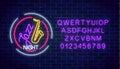 Neon jazz cafe glowing sign with saxophone and alphabet. Glowing invitation to jazz night in music bar. Royalty Free Stock Photo