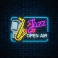 Neon jazz festival banner with retro microphone, saxophone and lettering in rectangle frame.