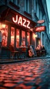 Neon Jazz Sign over Cozy Nighttime Street Cafe Ambiance