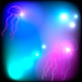 Neon jellyfish on abstract sea background with bokeh lights Royalty Free Stock Photo