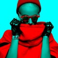 Neon Lady stylish accessories. Glasses, gloves. Hipster fashion art