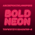 Neon lamp alphabet font. Neon color bold oblique letters, numbers and symbols.