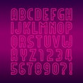 Neon lamp alphabet font. Neon color bright letters, numbers and symbols.