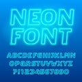 Neon lamp alphabet font. Neon color italic letters, numbers and symbols.