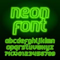 Neon lamp alphabet font. Neon color lowercase letters, numbers and symbols.