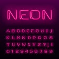 Neon lamp alphabet font. Neon color shiny letters, numbers and symbols.