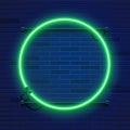 Neon lamp circle frame on brick wall background. Las Vegas concept. Vector illustration. Royalty Free Stock Photo