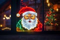 Neon lamp of happy Santa Claus on the window of the shop, color line cartoon style, generative AI