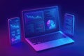 Neon laptop and smartphones with data visualizations and code in purple and blue hues computer mobile phone Royalty Free Stock Photo