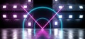 Neon Laser Glowing Vibrant Purple Blue Dark Empty Concrete Grunge Wet Room Stage Podium Showcase Alien Tech Cyber Virtual Garage