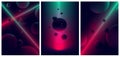 Neon laser line glow illuminates a spheres, Abstract background space and planet , Futuristic vector gradient poster in retro