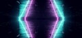 Neon Laser Purple Blue Pillars Hexagonal Tiled Metal Concrete Reflective Floor Dark Warehouse Garage Gateway Tunnel Corridor