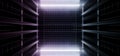 Neon Laser Stage Cyber Virtual Blue Purple Glowing Beams On Metal Steel Wire Mesh Structure Fence Reflective Floor Dark Night