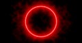 Neon laser vibrant circle with sparks, haze, and laser grid on starry space background. Red vivid round shape