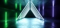 Neon Led Green Blue Purple Glowing Line Lights Laser Triangle Construction Futuristic Sci Fi Alien Spaceship Corridor Tunnel Stage Royalty Free Stock Photo