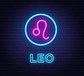 Neon Leo Sign on brick wall background.