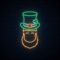 Neon leprechaun with Patricks green hat and orange beard.