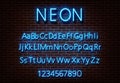 Neon letter alphabet sign vector. Blue font light sign isolated on brick wall. Neon light text templ