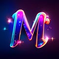 Neon letter M with sparkles and firework on dark background generative AI