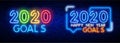 Neon lettering of Goals 2020. Glowing headline, bright neon cursive text of Goals 2020. Title template for web banner and poster.