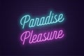 Neon lettering of Paradise Pleasure. Glowing text