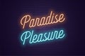 Neon lettering of Paradise Pleasure. Glowing text