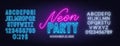 Neon lettering Neon Party on brick wall background. Royalty Free Stock Photo