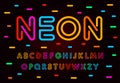 Neon letters, numbers and symbols set. Colored tube, colorul contour modern style abc, lines latin alphabet. Fonts for