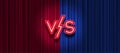 Neon letters versus logo on red and blue curtain background. VS logo for games, battle, performance, match,