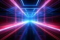 Neon light abstract background. Square tunnel or corridor neon glowing lights. Laser lines and LED technology create glow. Cyber