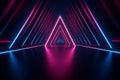 Neon light abstract background. Triangle tunnel or corridor pink blue neon glowing lights. Laser lines and LED technology create