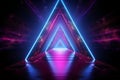 Neon light abstract background. Triangle tunnel or corridor pink blue neon glowing lights. Laser lines and LED technology create