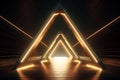 Neon light abstract background. Triangle tunnel or corridor sepia colors neon glowing lights. Laser lines and LED technology Royalty Free Stock Photo