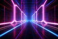 Neon light abstract background. Tunnel or corridor pink blue neon glow lights. Laser lines and LED technology create glow. Cyber