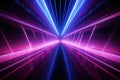 Neon light abstract background. Tunnel or corridor pink blue neon glow lights. Laser lines and LED technology create glow. Cyber